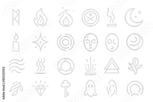 Temple Mysticism Icons. Line style icons of Temple Mysticism: glowing rune, spirit flame, orb, sigil, incense smoke, candle,