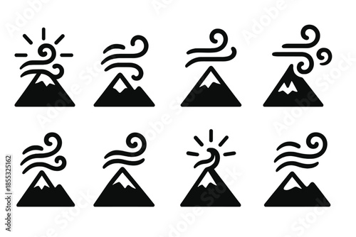 Summit Zephyr Icons. Solid style icons of a zephyr reaching the highest point: radiant summit wind, gentle airflow tip, mountain