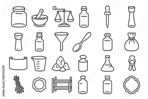 Antique Apothecary Icons. Line style icons of Antique Apothecary Tools: glass jar, mortar and pestle, weighing scale, tincture