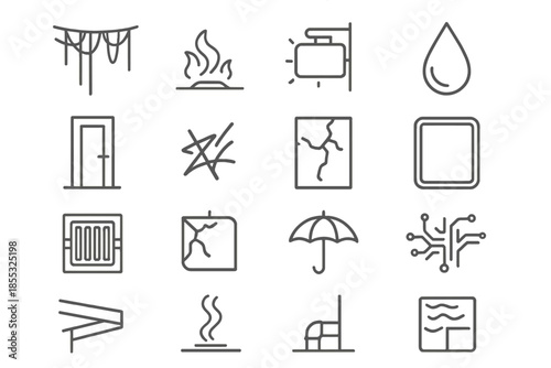 Futuristic Alley Icons. Line style icons of Futuristic Alleyways: hanging wires, steam vent, flickering sign, rain drop, narrow