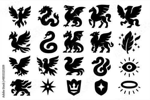 Celestial Creature Icons. Solid style icons of Celestial Creatures: phoenix, dragon, griffin, pegasus, firebird, serpent, wyvern,