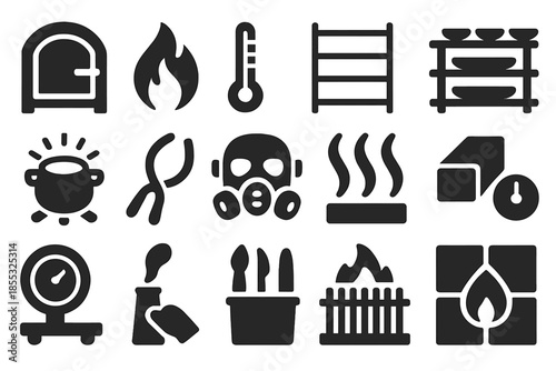 Solid Kiln Icons. Solid style icons of Firing and Kiln: kiln door, heat flame, thermometer, ceramic shelf, rack tray, glowing pot,