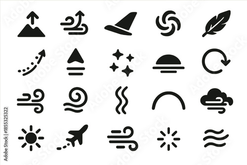 Atmospheric Flight Icons. Solid style icons of Atmospheric Flight: updraft wave, air current, wing line, spiral wind, feather