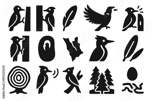 Woodpecker Iconography. Solid style icons of Woodpecker Bird: woodpecker, tree trunk, pecking beak, feather, wing spread, tail