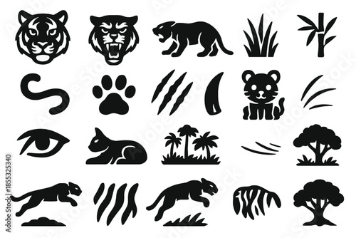Wild Tiger Icons. Solid style icons of Wild Tigers: tiger head, roaring tiger, crouching pose, walking tiger, tail curve, paw