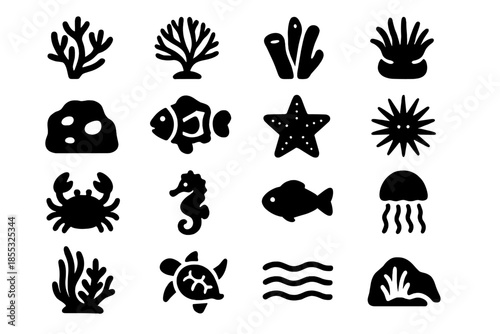 Coral Reef Icons. Solid style icons of Coral Reef Ecosystem: coral branch, sea fan, sponge, anemone, reef rock, clownfish, sea