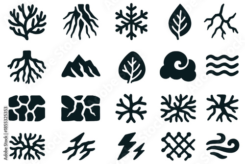 Nature's Fractal Icons. Solid style icons of Fractal Patterns in Nature: branching coral, river delta, frost crystal, lightning