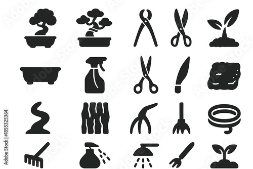 Bonsai Cultivation Icons. Solid style icons of Bonsai Cultivation: miniature tree, wire frame, root shears, soil tray, bonsai pot,