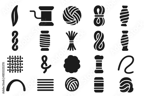 Fiber and Thread Icons. Solid style icons of Fiber and Thread: silk strand, cotton spool, wool coil, linen rope, hemp twist,