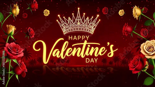 Royal Valentine's Day Greeting | Glowing Gold Text, Crown, Roses & Petals on Deep Red Background | Elegant Romantic Celebration Visuals