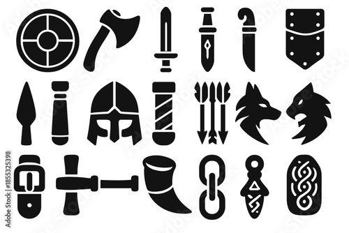 Viking Weaponry Icons. Solid style icons of Viking Weaponry: round shield, axe head, rune sword, leather scabbard, spear tip, iron