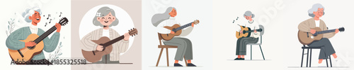 Vector Illustration of a Elderly Women Playing Guitar