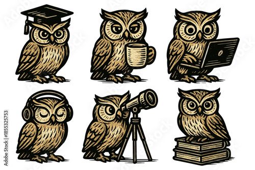 Vintage owls engaged in various activities with gadgets and accessories