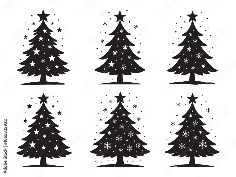Obraz premium SET - Black silhouettes of christmas trees with star toppers and snowflakes, isolated on white background. concept of holiday, winter decor, festive decoration, seasonal design, icons
