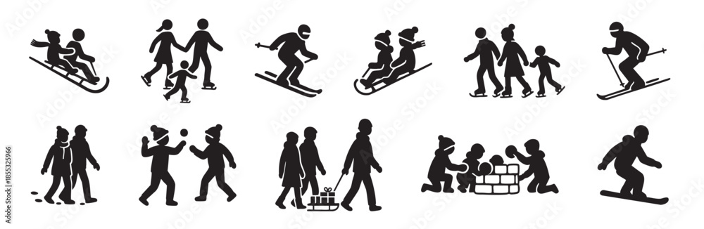 Obraz premium SET - Black silhouettes of winter activities featuring skiing and sledding families, isolated on white background. concept of outdoor fun, cold weather, seasonal sports, holiday spirit