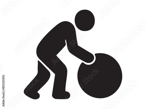 Black silhouette of person pushing large circle object, isolated on white background. concept of labor, manual work, strength, exercise, icon, design element, effort