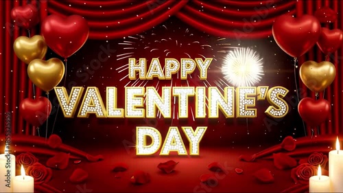 Valentine's Day Romance | Glittering Gold Text, Heart Balloons, Candles, Rose Petals & Fireworks on Red Curtain Background