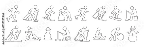 SET - Black outline icons of winter activities including skiing, snowboarding, ice skating, building snowman, isolated on white background. winter sports, recreation, seasonal fun, design element