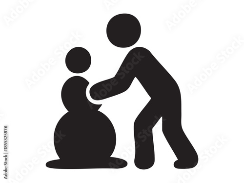 Black silhouette of adult helping child shape snowball for snowman on white background. concept of winter, family bonding, holiday activities, childhood, festive season, icon