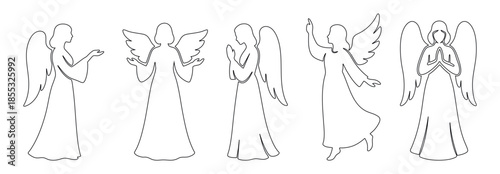 Set of black outlines of christmas angel figures in various poses, isolated on white background. concept of celestial beings, divine guardians, religious symbols, spiritual icons, design elements