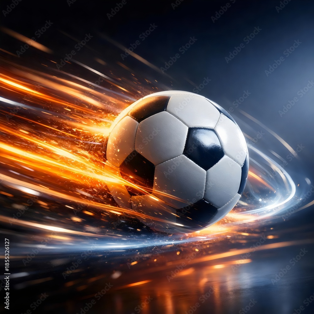 Fototapeta premium Dynamic Soccer Ball with Fiery Motion Energy Trails
