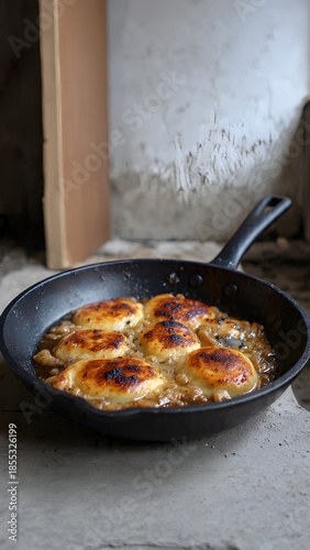 Golden Brown Pan-Fried Buns Simmering in Savory Sauce Inside a Cast Iron Skillet