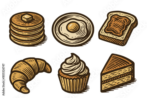 Hand drawn breakfast foods collection featuring pancakes, eggs, bread, croissant, cupcake, and slice of cake