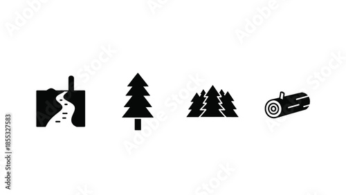 Simple icons representing nature elements: a winding path, a single tree, a cluster of trees, and a log.