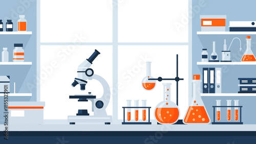 Modern laboratory with scientific equipment and glassware in flat