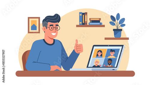 Virtual meeting success: thumbs up from smiling man with colleagues on