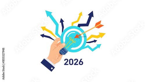 Growth in 2026: hand holding light bulb with arrow and graph arrows