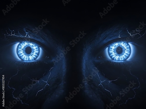 Glowing Blue Eyes of a Mystical Creature in the Dark. Generative Ai