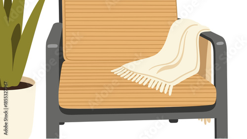 Cozy armchair with blanket and potted plant in minimalist style