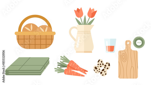 Cozy kitchen essentials with fresh tulips in a minimal flat design