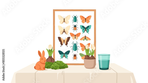 Colorful butterfly and beetle display with tulips and rabbit on table