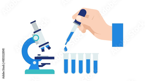 Science tools: flat design of microscope with hand using dropper