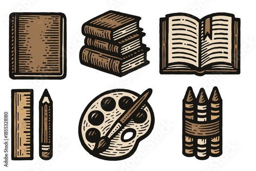 Vintage engraved school supplies: books, art tools, and writing instruments