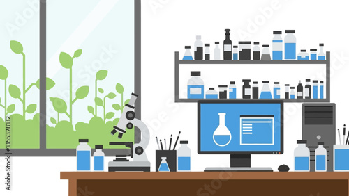 Modern laboratory workspace with equipment and plants in minimalist