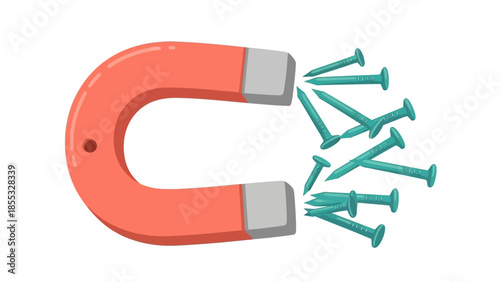 Magnetic attraction concept with horseshoe magnet and iron nails on