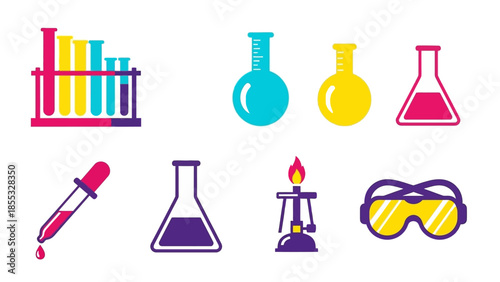 Colorful lab equipment icons set for educational and scientific design