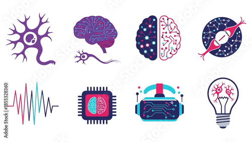 Futuristic brain and technology icons in modern flat design