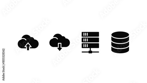 Digital icons represent cloud data storage and database servers for technology concepts.