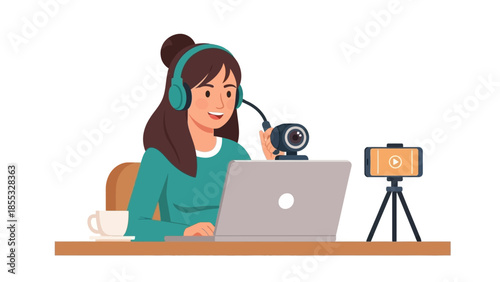 Woman live streaming with laptop and camera in home office setting