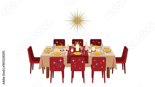 Elegant festive dining table setting with red chairs and golden