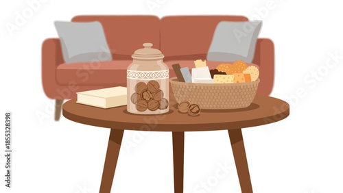 Cozy living room scene with snacks and books on wooden coffee table