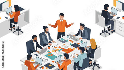 Isometric team meeting with diverse professionals collaborating in