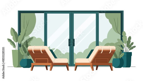 Cozy balcony getaway with modern lounge chairs and potted plants