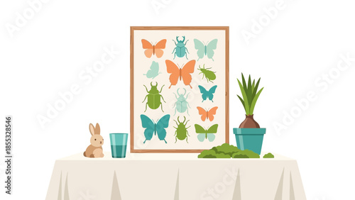 Framed insect art with tabletop decor and indoor plants on display