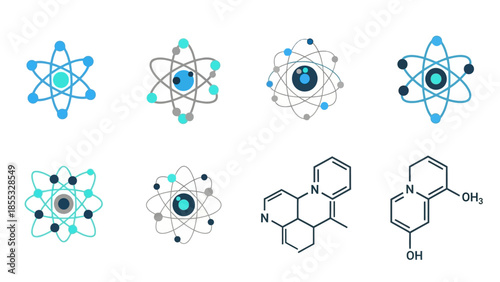 Scientific molecule and atom designs with chemical structures in flat