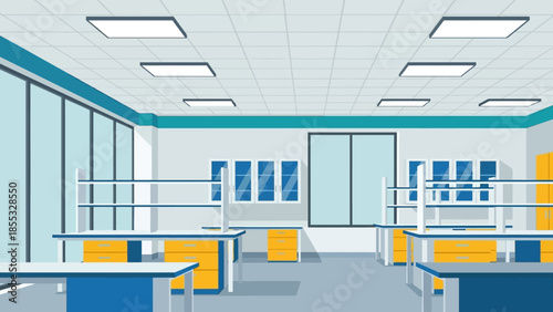 Modern office interior with bright windows and minimalist furniture in